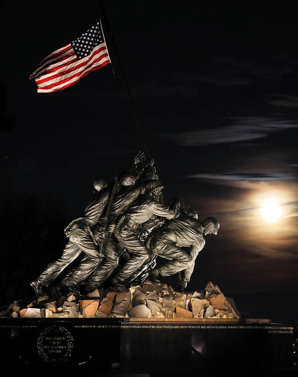 Moon Poster featuring the photograph Marine Corps Iwo Jima Memorial at Moonrise by Steve Ember