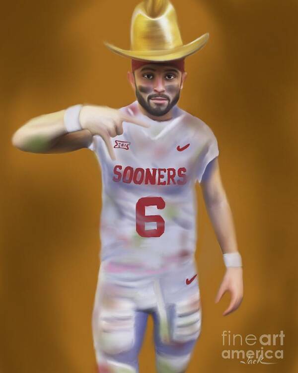 Baker Mayfield Poster featuring the painting Mayfield Horns Down by Jack Bunds