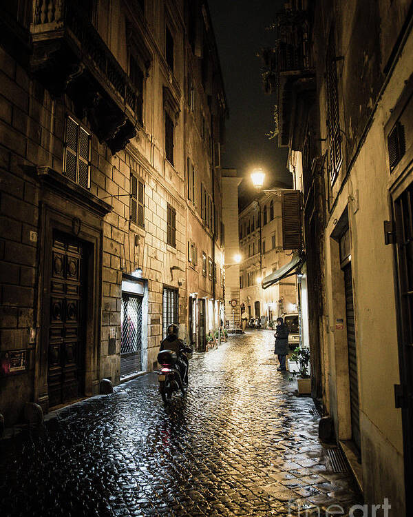 Italy Poster featuring the photograph Motorbike in Narrow Street at Night in Rome in Italy by Andreas Berthold