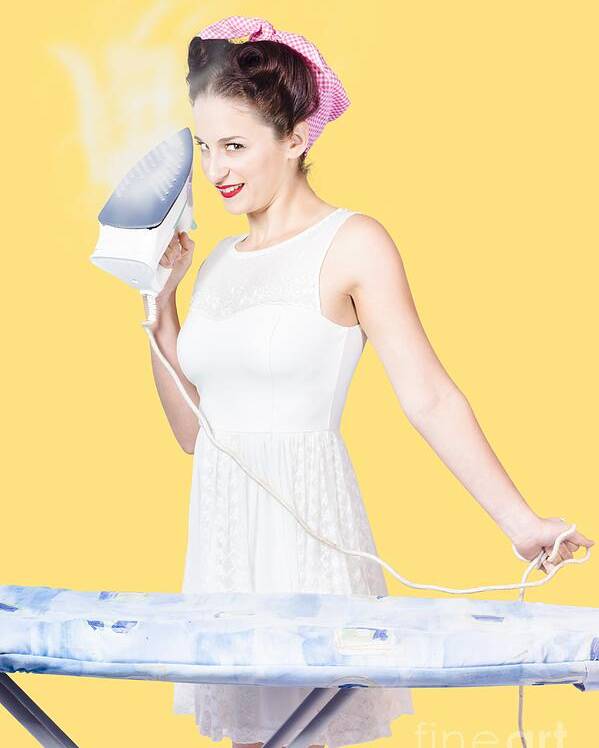 Cleaning Poster featuring the photograph Pin up woman providing steam clean ironing service by Jorgo Photography