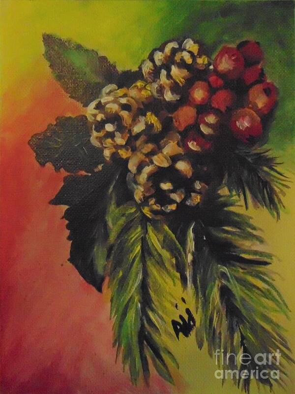 Christmas Poster featuring the painting Pine Cones and Berries by Saundra Johnson