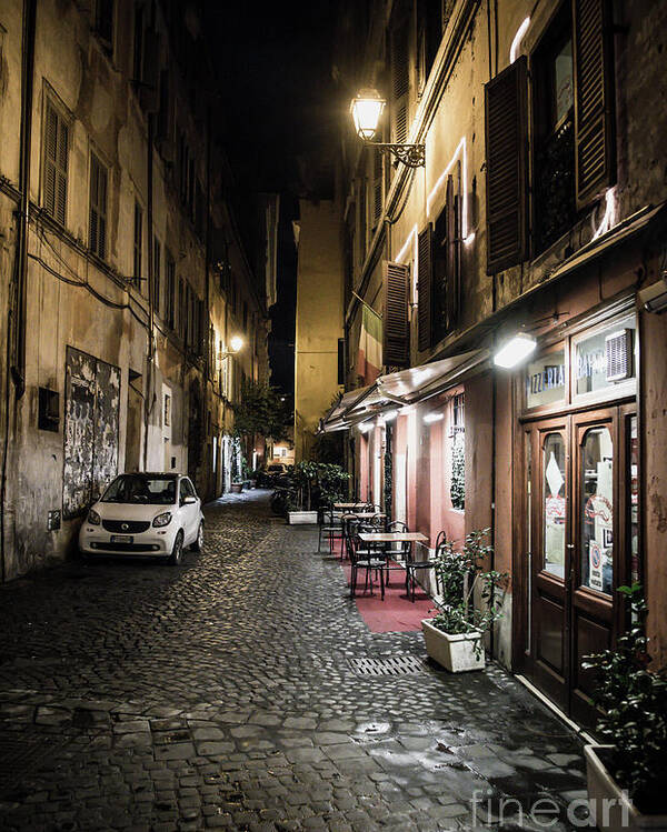 Italy Poster featuring the photograph Pizzeria in Abandoned Street at Night in Rome in Italy by Andreas Berthold