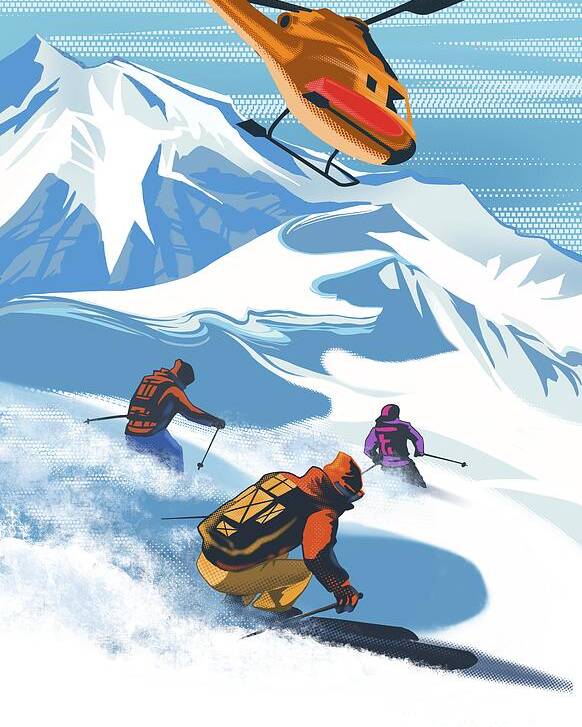 Skiing Poster featuring the painting Retro Revelstoke Heliski Travel Poster by Sassan Filsoof
