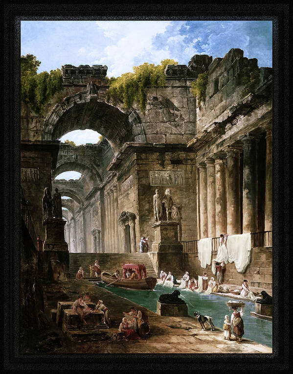 Ruins Of A Roman Bath With Washerwomen Poster featuring the painting Ruins Of A Roman Bath With Washerwomen by Hubert Robert by Rolando Burbon