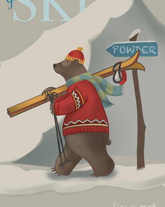 Bear Art Poster featuring the painting Ski Bear by Sassan Filsoof
