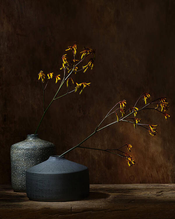 Pottery Poster featuring the photograph Still Life With Oker Flowers by Saskia Dingemans