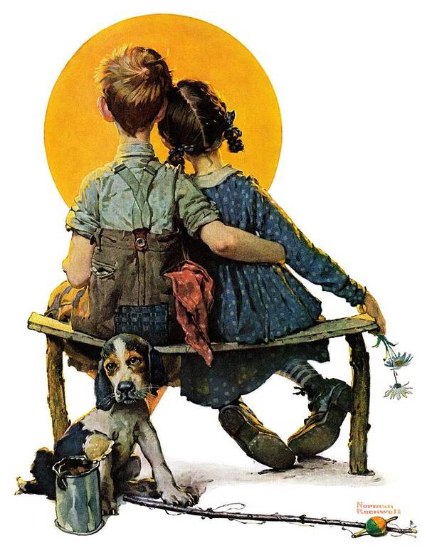 Benches Poster featuring the drawing Sunset by Norman Rockwell