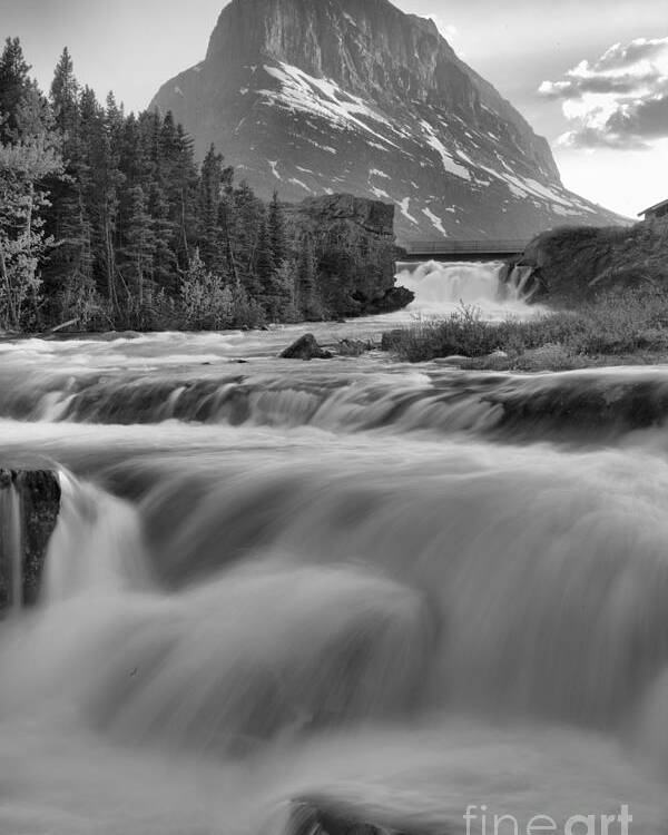 Swift Current Falls Poster featuring the photograph Swiftcurrent Falls Spring SUnset Black And White by Adam Jewell