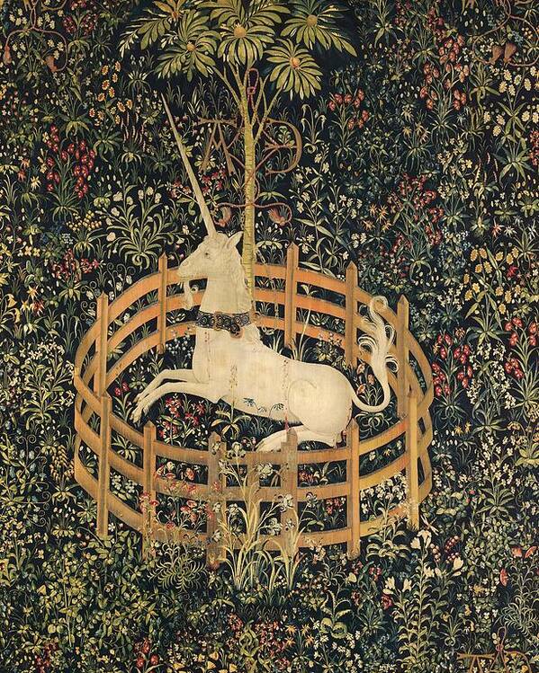 The Unicorn In Captivity Poster featuring the painting The Unicorn In Captivity by Vintage Art