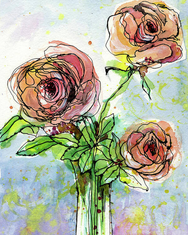 Watercolor Poster featuring the painting Three Roses by AnneMarie Welsh