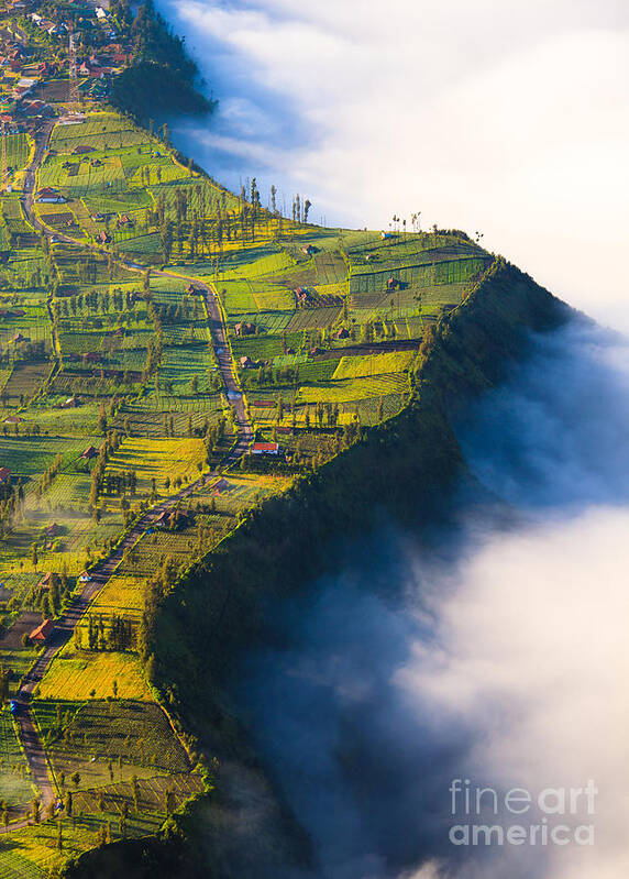 Cloud Poster featuring the photograph Village Near Cliff At Bromo Volcano by Lkunl