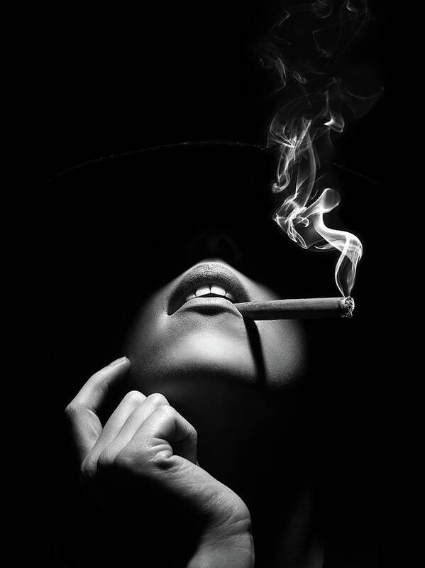 Woman Poster featuring the photograph Woman smoking a cigar by Johan Swanepoel