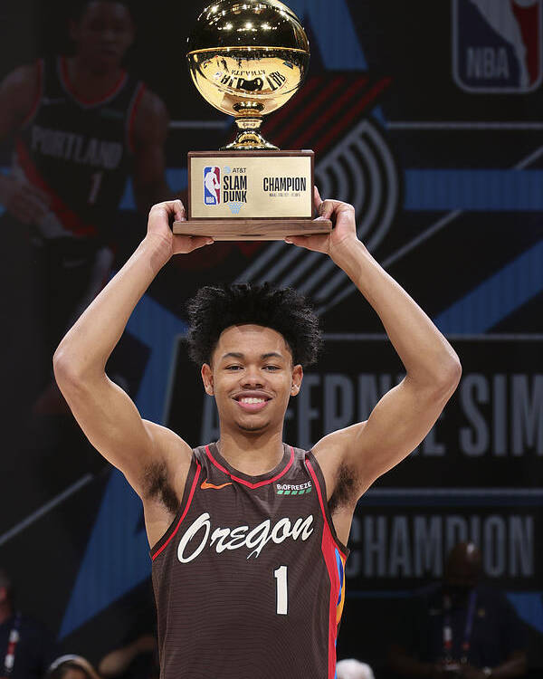 Anfernee Simons Poster featuring the photograph 2021 NBA All-Star - AT&T Slam Dunk Contest by Nathaniel S. Butler