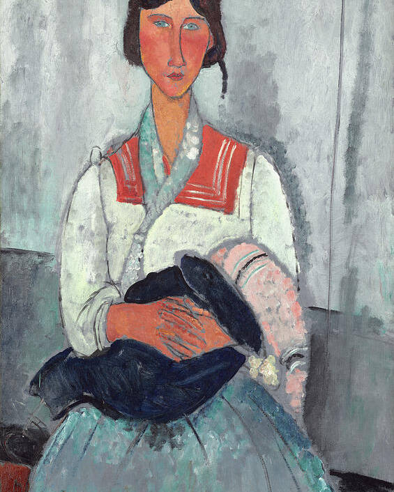 Amedeo Modigliani Poster featuring the painting Gypsy Woman with Baby- high resolution - digitally enhanced by Amedeo Modigliani