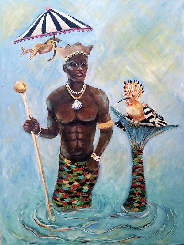 Olokun Poster featuring the painting African Merman King Olokun by Linda Queally by Linda Queally