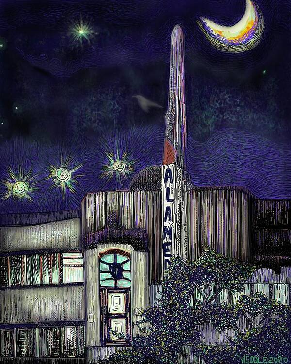 Alameda Poster featuring the digital art Alameda Theater at Night by Angela Weddle