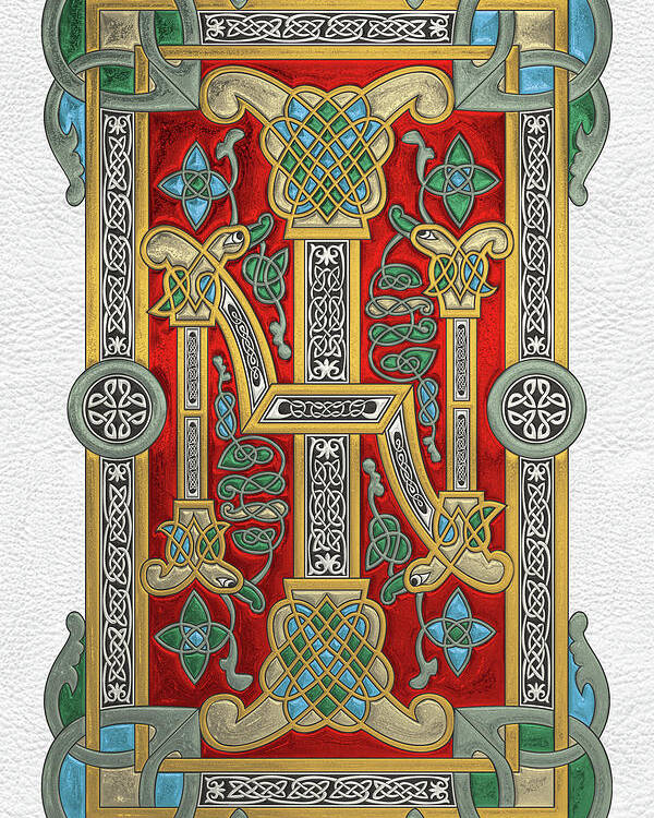 ‘celtic Treasures’ Collection By Serge Averbukh Poster featuring the digital art Ancient Celtic Runes of Hospitality and Potential - Illuminated Plate over White Leather by Serge Averbukh