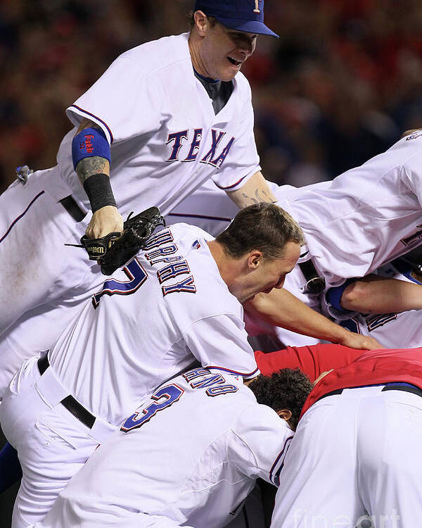 Playoffs Poster featuring the photograph Andres Blanco, Josh Hamilton, and David Murphy by Stephen Dunn