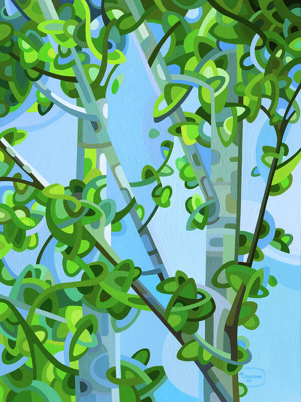 Summer Birch Forest Green Grey Blue Dappled Light Poster featuring the painting Birch Light by Mandy Budan