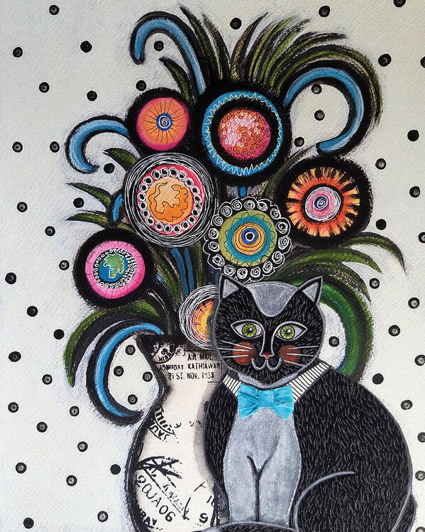 Cats Poster featuring the painting Black Cat with Flowers by Graciela Bello