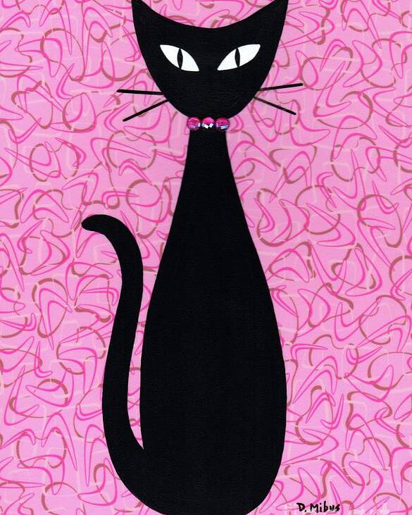 Mid Century Modern Black Cat Poster featuring the mixed media Black Cat with Pink Rhinestone Collar by Donna Mibus
