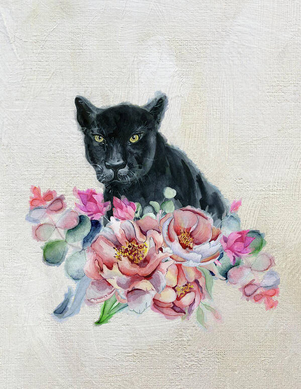 Black Panther Poster featuring the painting Black Panther With Flowers by Garden Of Delights