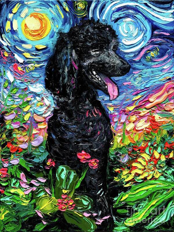 Black Poodle Poster featuring the painting Black Poodle Night 2 by Aja Trier