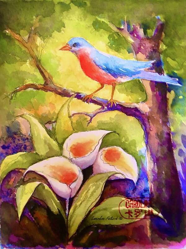 Blue Bird Speaking Poster featuring the painting Blue Bird whispers by Caroline Patrick