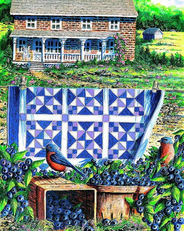 Blueberries Poster featuring the painting Bluebirds and Blueberries by Diane Phalen