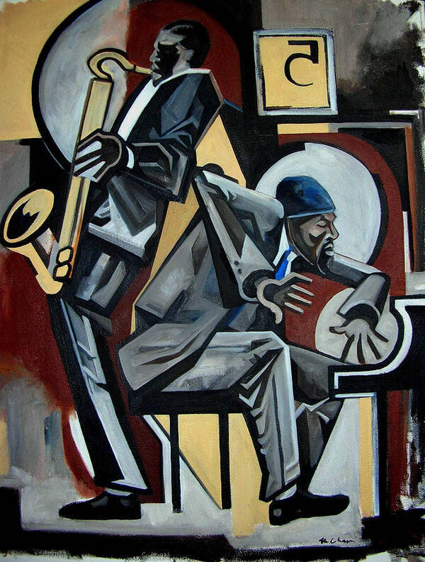 Thelonious Monk John Coltrane Jazz Piano Saxophone Poster featuring the painting Blues 5 Spot by Martel Chapman
