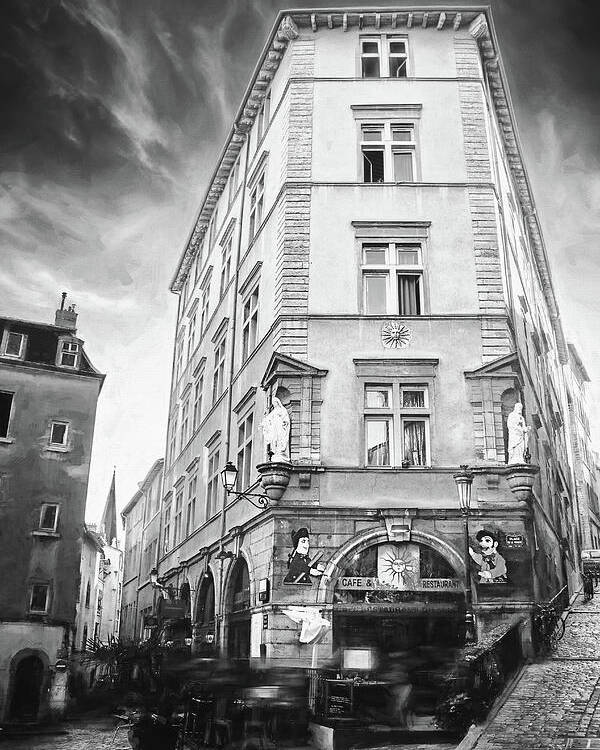 Lyon Poster featuring the photograph Cafe du Soleil Lyon France Black and White by Carol Japp