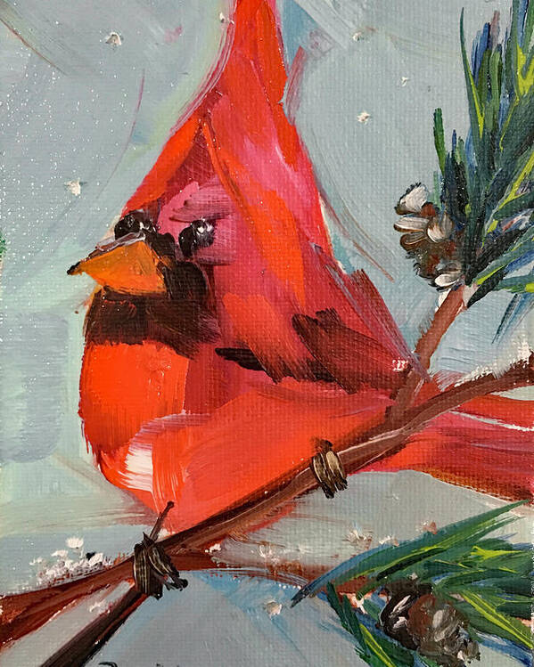 Cardinal Poster featuring the painting Cardinal in a Fir Tree by Roxy Rich