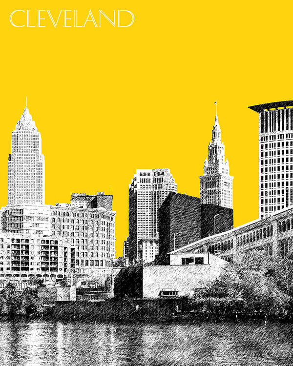 Architecture Poster featuring the digital art Cleveland Skyline 3 - Mustard by DB Artist