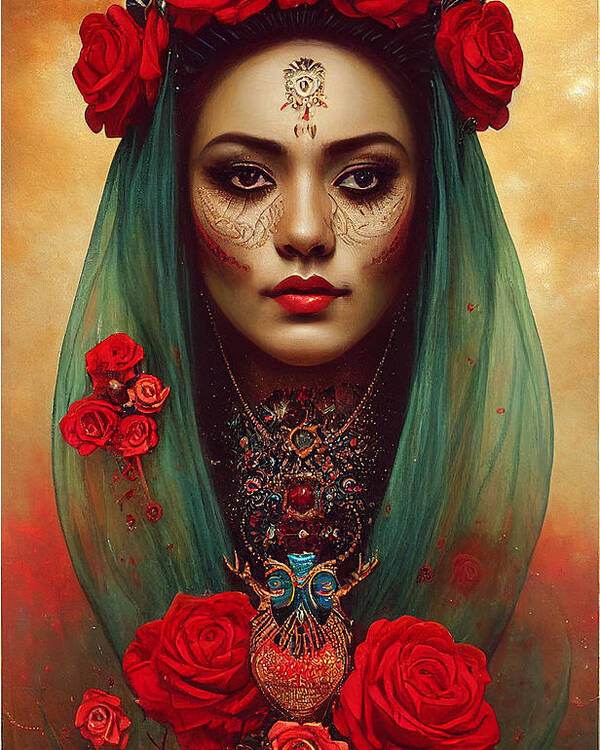 Beautiful Poster featuring the painting Closeup Portrait Of Beautiful Mexican Queen Of Th 4fe6ce64 5481 4142 Ae54 E451d4f6a147 by MotionAge Designs