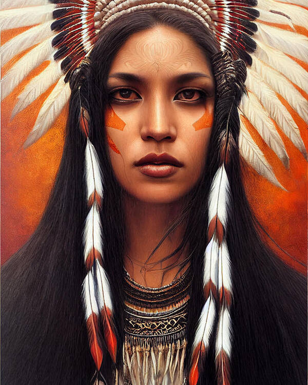 Beautiful Poster featuring the painting Closeup Portrait Of Beautiful Native American Wom 44777eb4 86ef 451e 8412 15e4cf2e6574 by MotionAge Designs