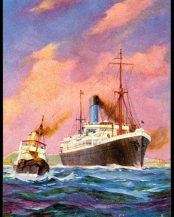 Cruiseship Poster featuring the painting Cruise Ship Postcard with Tugboat ca 1920 by Unknown