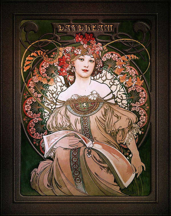 Daydream Poster featuring the painting Daydream by Alphonse Mucha Black Background by Rolando Burbon