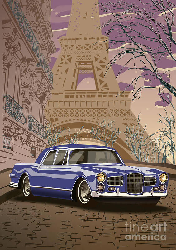 Art Deco Poster featuring the painting Facel Vega - Paris est a nous. Classic Car Art Deco Style Poster Print Blue Edition by Moospeed Art
