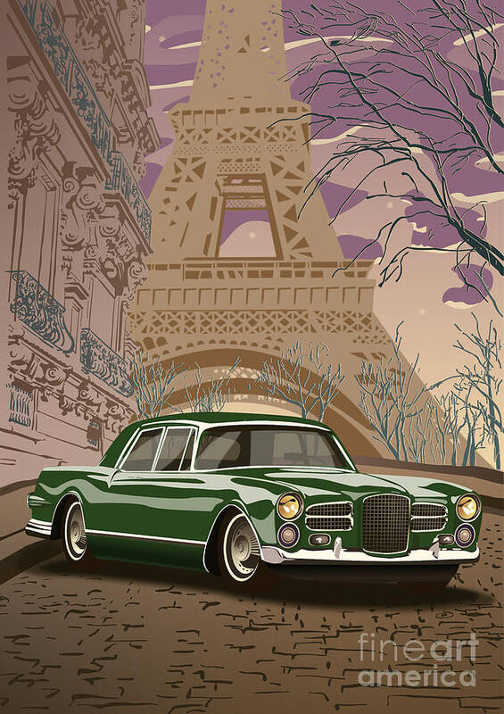 Art Deco Poster featuring the digital art Facel Vega - Paris est a nous. Classic Car Art Deco Style Poster Print Green Edition by Moospeed Art