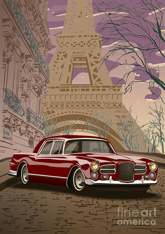 Art Deco Poster featuring the painting Facel Vega - Paris est a nous. Classic Car Art Deco Style Poster Print Red Edition by Moospeed Art