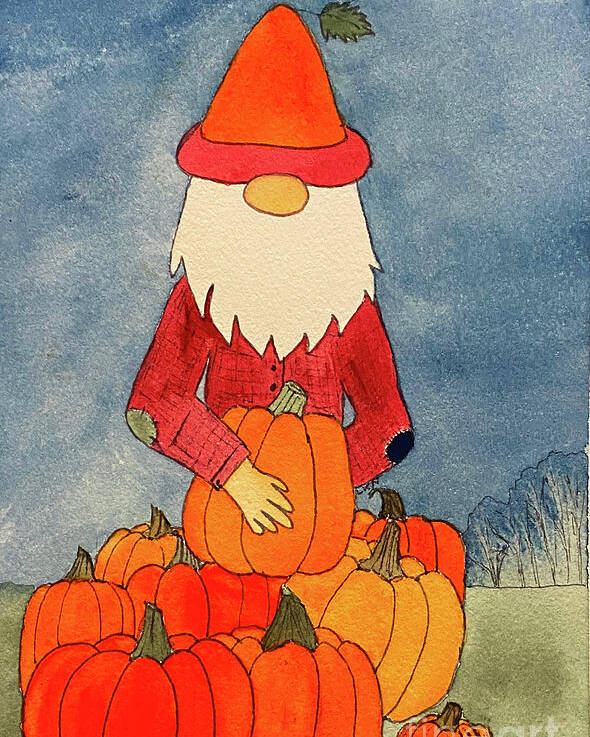 Fall Poster featuring the mixed media Fall Gnome with Pumpkins by Lisa Neuman