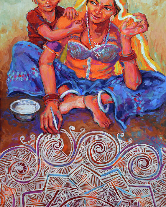 Mother And Child Poster featuring the painting Festive Bliss, Rangoli by Jyotika Shroff