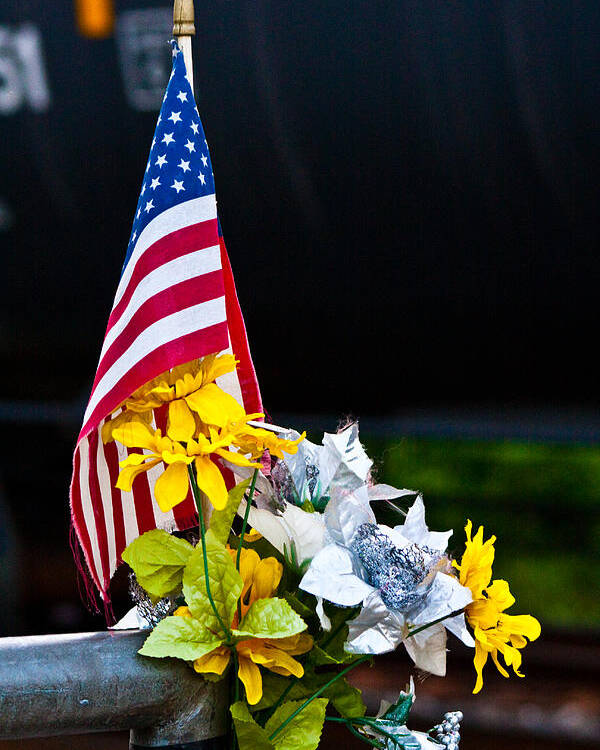 American Flag Poster featuring the photograph Flag, Flowers, and Freight Train by Steve Ember