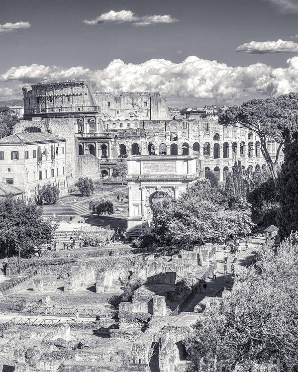 Italian Scene Poster featuring the photograph Forum Romanum with The Colosseum in the background BW by Stefano Senise