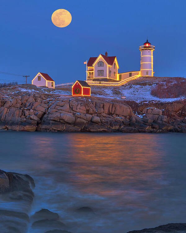 Full Moon Poster featuring the photograph Full Moon over Nubble Lighthouse by Juergen Roth
