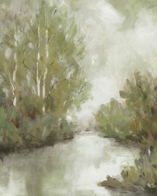 Muted Greens Gray Tan White Trees Birch Landscape River Reflection Poster featuring the painting Gentle Springtime 2 by Carol Robinson