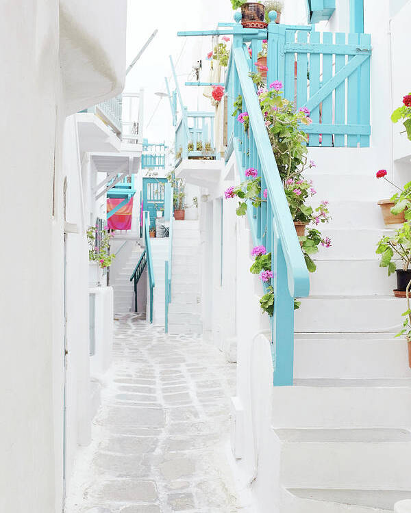 Greece Poster featuring the photograph Geraniums and Blue by Lupen Grainne