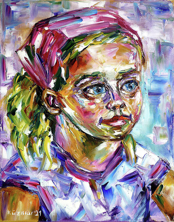 Child From Holland Poster featuring the painting Girl With A Pink Hair Band by Mirek Kuzniar