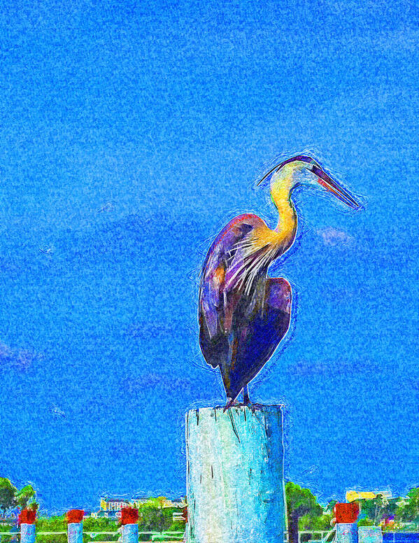 Great Blue Heron Poster featuring the digital art Great Blue Heron on Pier Right by Island Hoppers Art