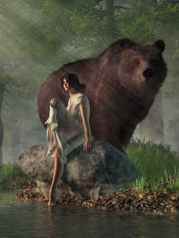 Grizzly Bear Poster featuring the digital art Grizzly Bear and Girl in a Nightgown by Daniel Eskridge